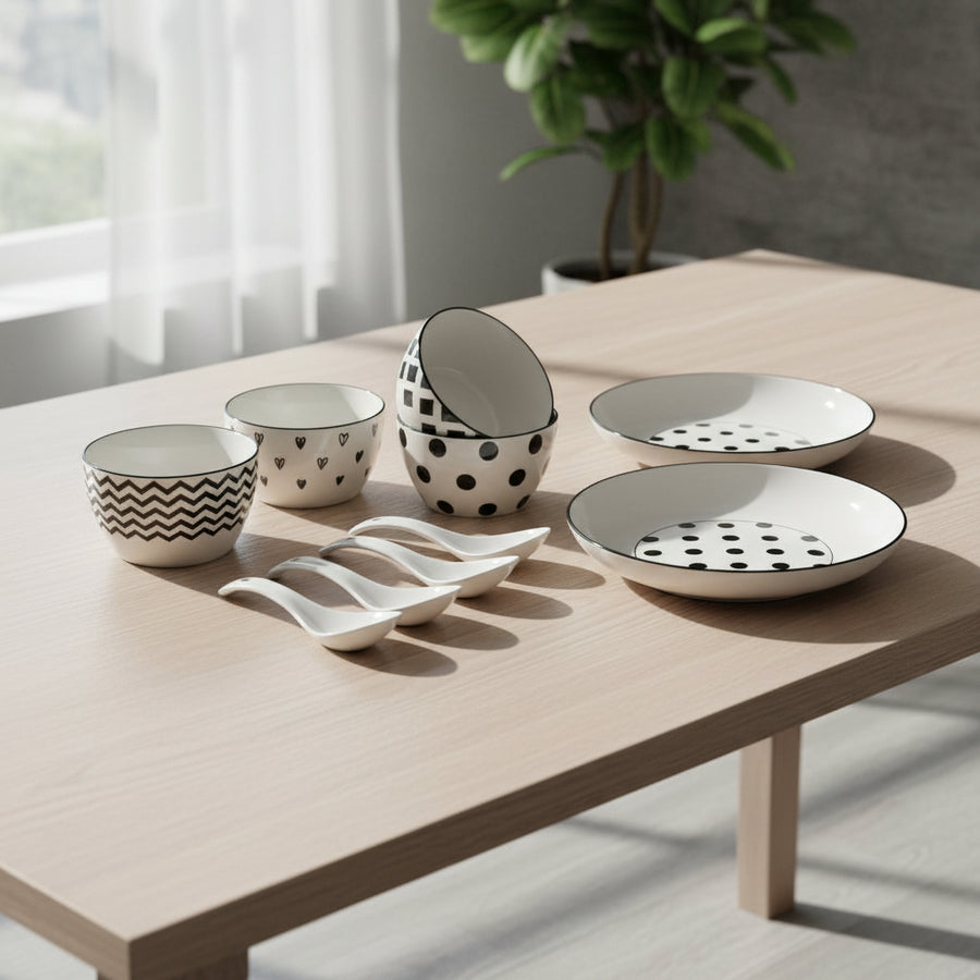 Classic Black & White Ceramic Soup Bowl Set – 4 Bowls, 2 Large Serving Bowls & 4 Soup Spoons