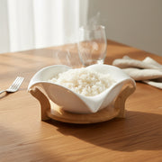 Elegant White Ceramic Leaf-Shaped Bowl with Wooden Stand – Decorative & Functional Serving Bowl