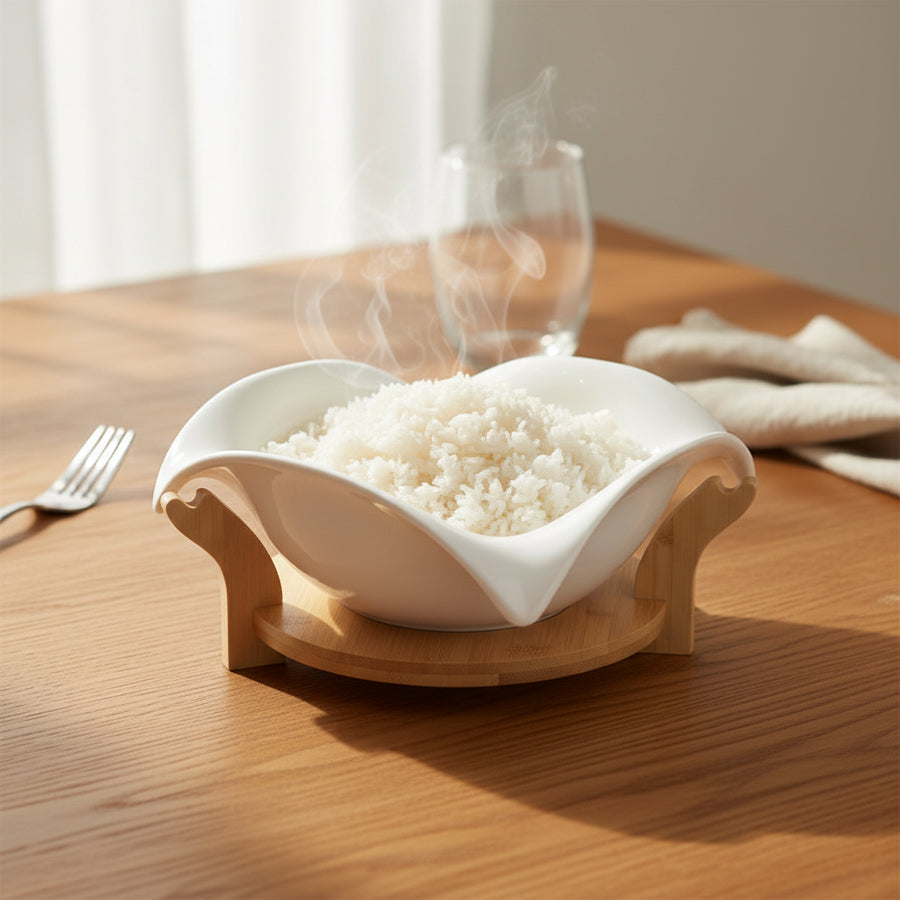 Elegant White Ceramic Leaf-Shaped Bowl with Wooden Stand – Decorative & Functional Serving Bowl