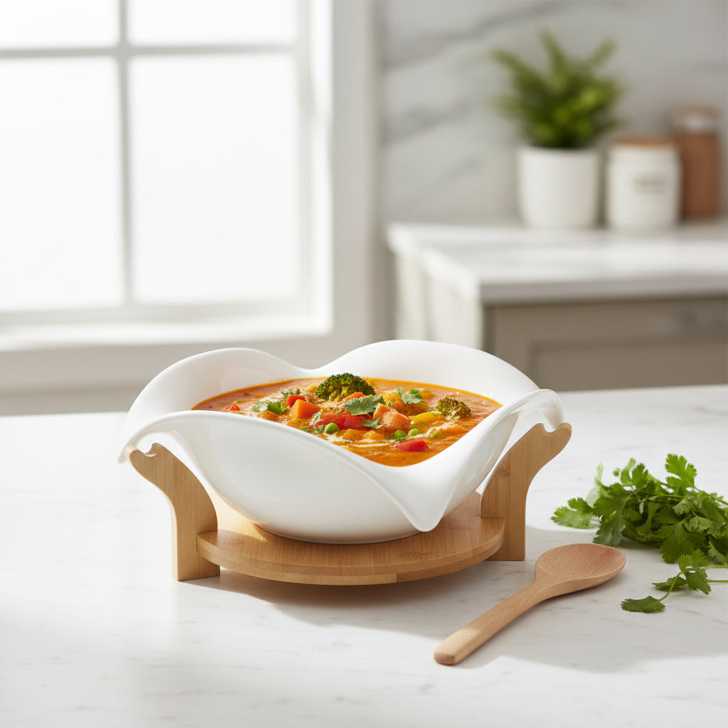 Elegant White Ceramic Leaf-Shaped Bowl with Wooden Stand – Decorative & Functional Serving Bowl