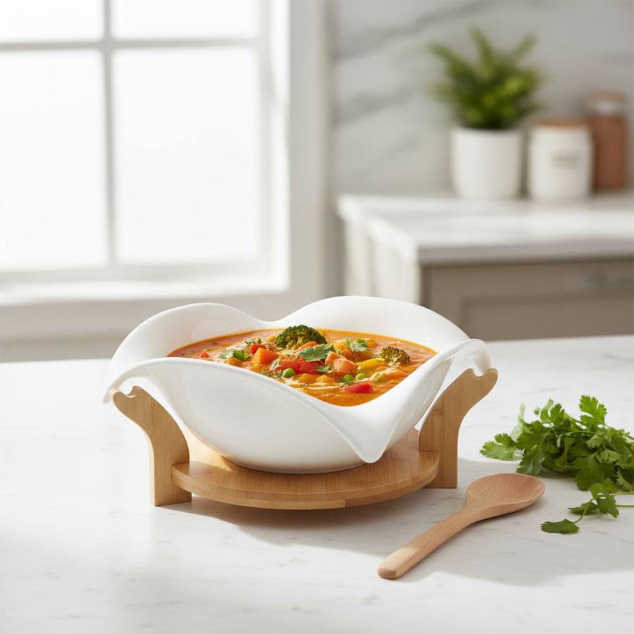 Elegant White Ceramic Leaf-Shaped Bowl with Wooden Stand – Decorative & Functional Serving Bowl
