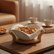 Elegant White Ceramic Leaf-Shaped Bowl with Wooden Stand – Decorative & Functional Serving Bowl