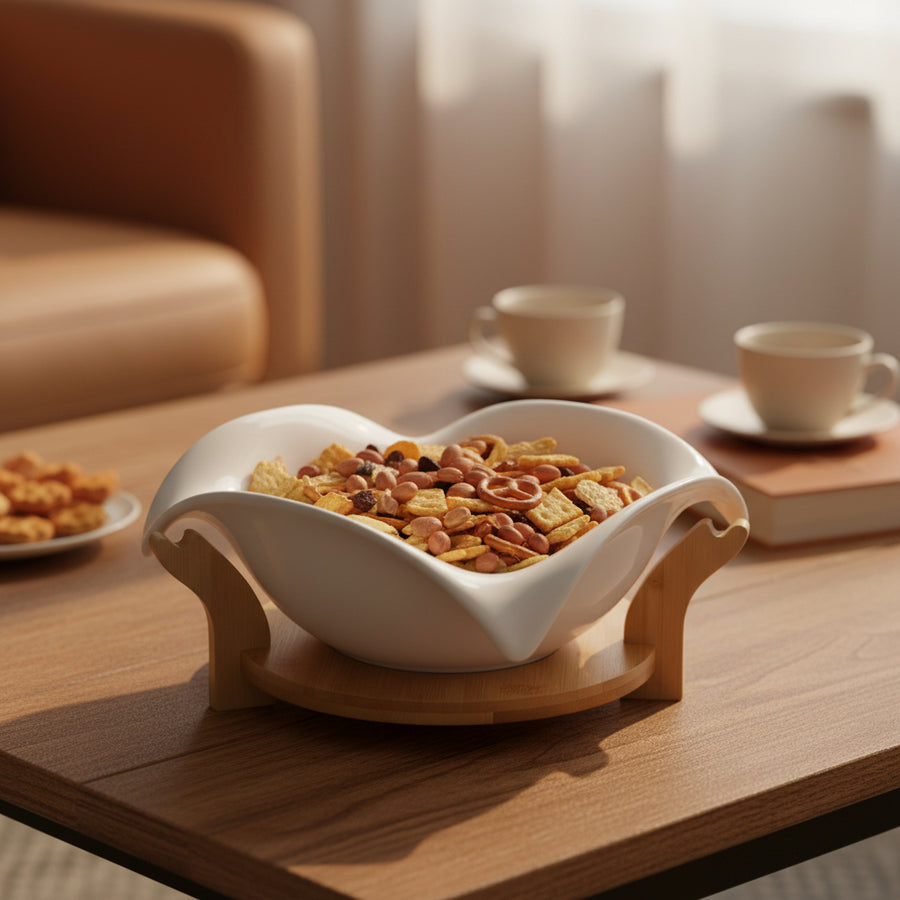 Elegant White Ceramic Leaf-Shaped Bowl with Wooden Stand – Decorative & Functional Serving Bowl