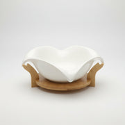Elegant White Ceramic Leaf-Shaped Bowl with Wooden Stand – Decorative & Functional Serving Bowl
