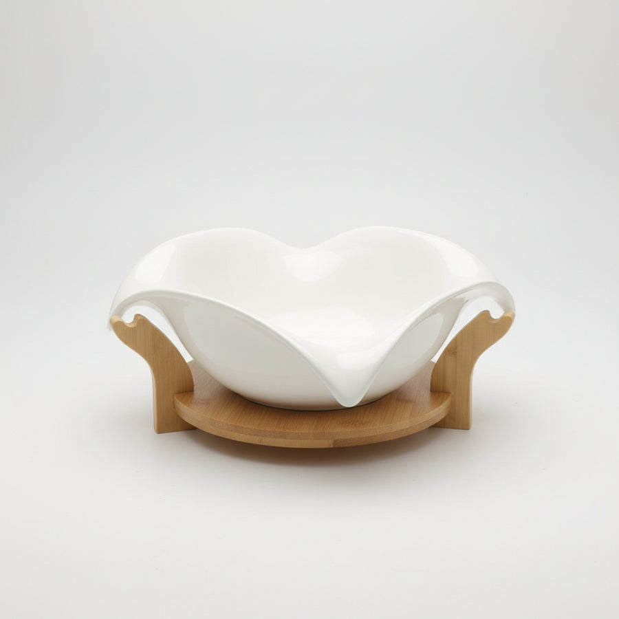 Elegant White Ceramic Leaf-Shaped Bowl with Wooden Stand – Decorative & Functional Serving Bowl