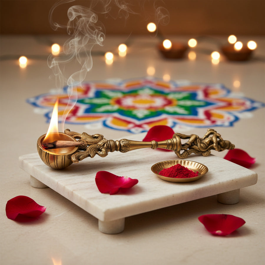 Handcrafted Antique Brass Kapoor Aarti Holder with Deity Handle | Traditional Pooja Camphor Spoon | Spiritual Ritual Décor