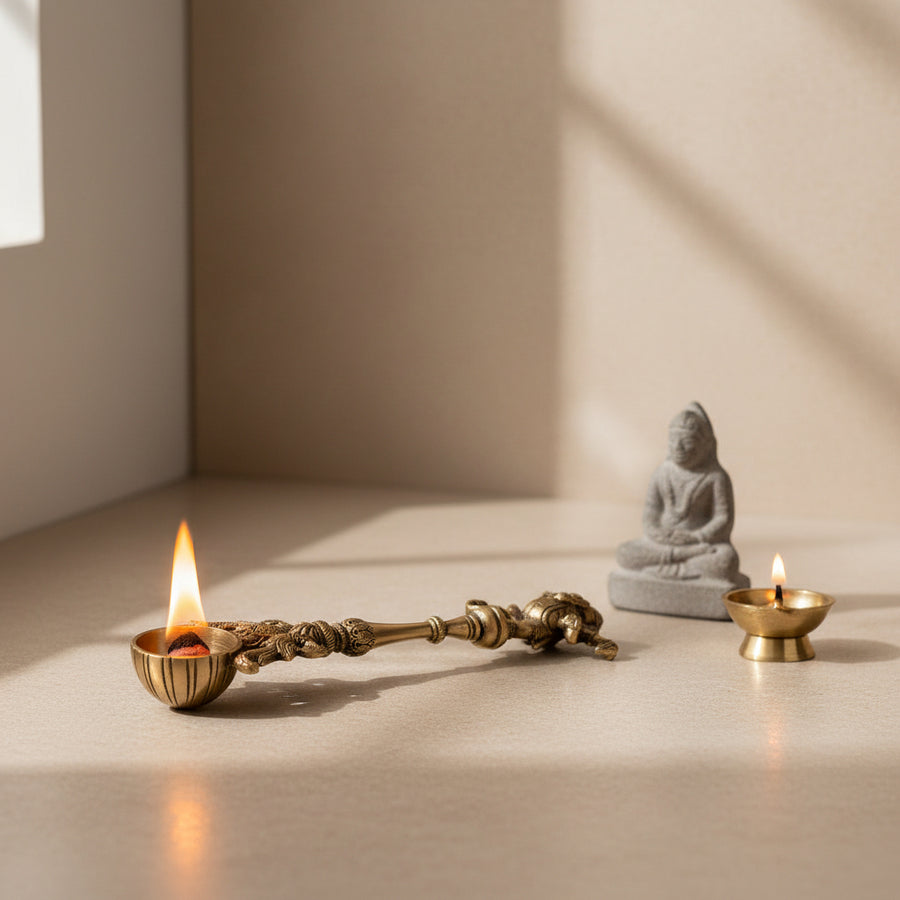 Traditional Handcrafted Brass Kapoor Aarti Holder | Antique Finish Camphor Burning Spoon | Pooja Ritual Accessory