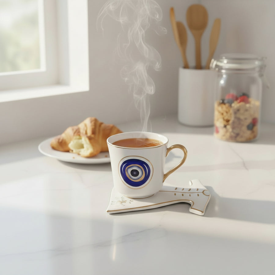 Evil Eye Ceramic Tea Cup with Dress Shape Serving Plate Set | Glossy Premium Coffee Mug Gift Set | Decorative Cup & Saucer | Set of 1