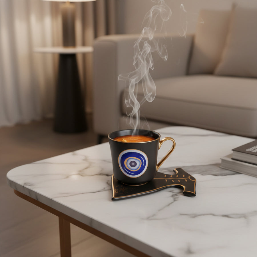 Evil Eye Ceramic Tea Cup with Dress Shape Serving Plate Set | Glossy Premium Coffee Mug Gift Set | Decorative Cup & Saucer | Set of 1