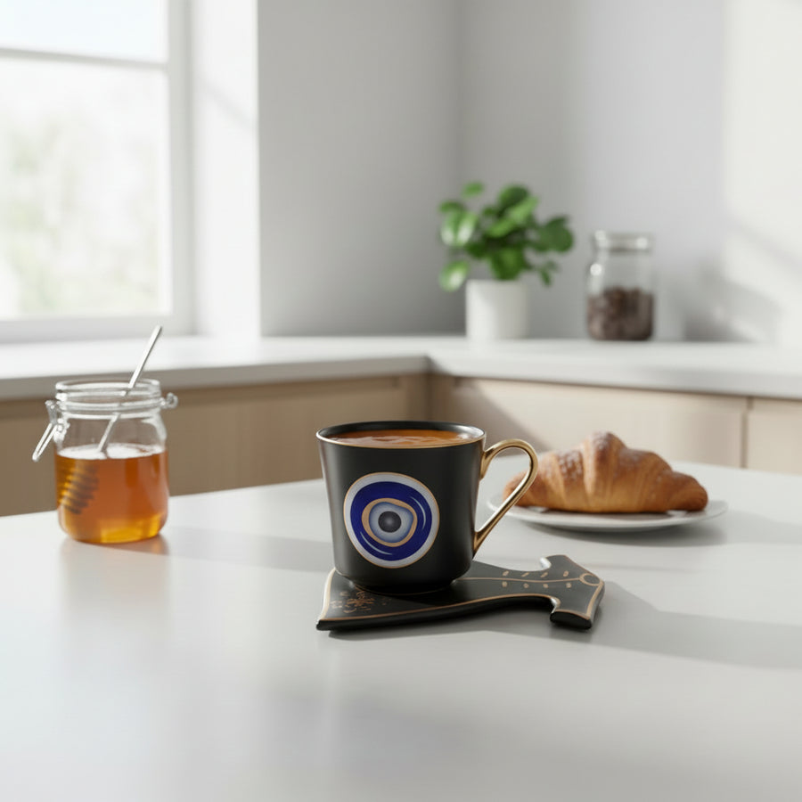 Evil Eye Ceramic Tea Cup with Dress Shape Serving Plate Set | Glossy Premium Coffee Mug Gift Set | Decorative Cup & Saucer | Set of 1