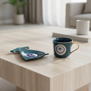 Evil Eye Ceramic Tea Cup with Dress Shape Serving Plate Set | Glossy Premium Coffee Mug Gift Set | Decorative Cup & Saucer | Set of 1