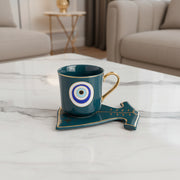 Evil Eye Ceramic Tea Cup with Dress Shape Serving Plate Set | Glossy Premium Coffee Mug Gift Set | Decorative Cup & Saucer | Set of 1