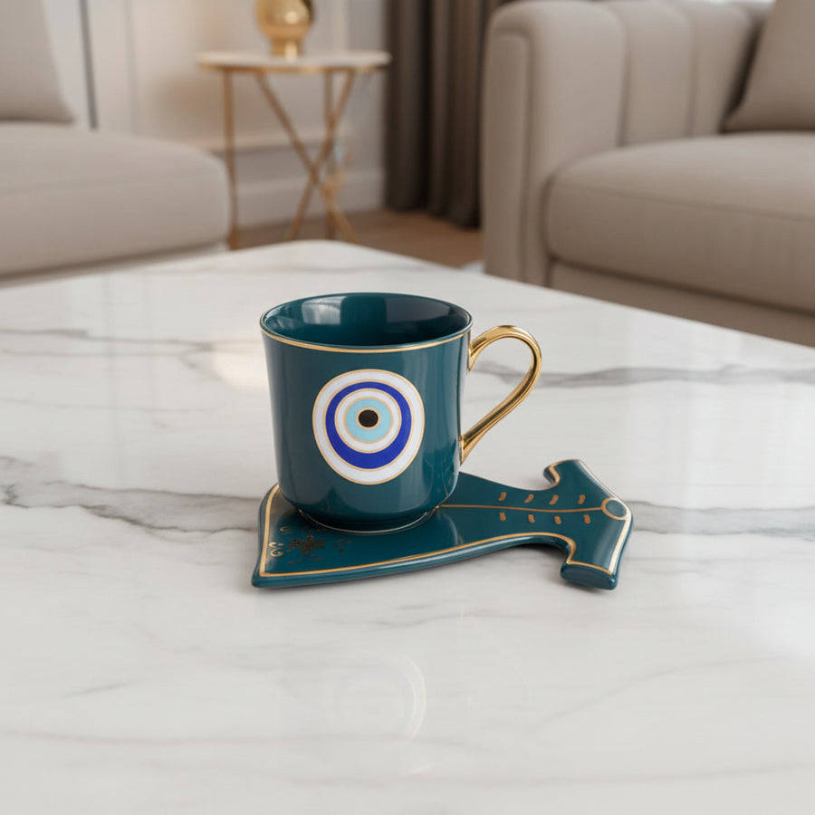 Evil Eye Ceramic Tea Cup with Dress Shape Serving Plate Set | Glossy Premium Coffee Mug Gift Set | Decorative Cup & Saucer | Set of 1