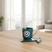 Evil Eye Ceramic Tea Cup with Dress Shape Serving Plate Set | Glossy Premium Coffee Mug Gift Set | Decorative Cup & Saucer | Set of 1