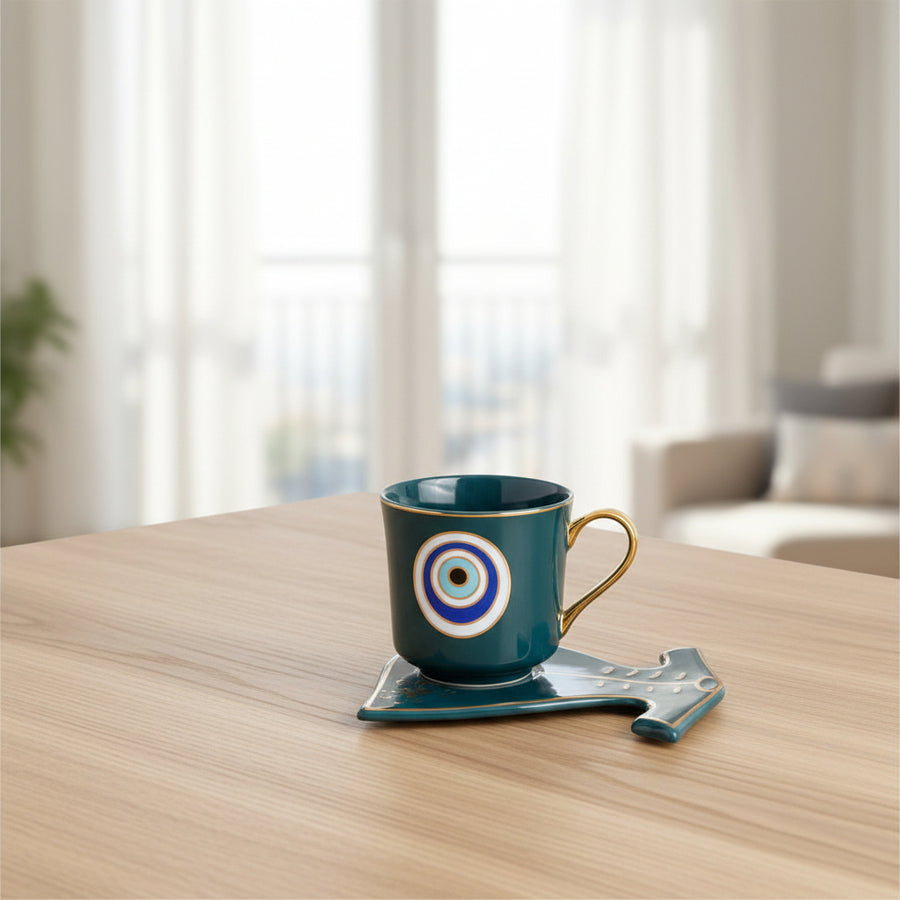 Evil Eye Ceramic Tea Cup with Dress Shape Serving Plate Set | Glossy Premium Coffee Mug Gift Set | Decorative Cup & Saucer | Set of 1