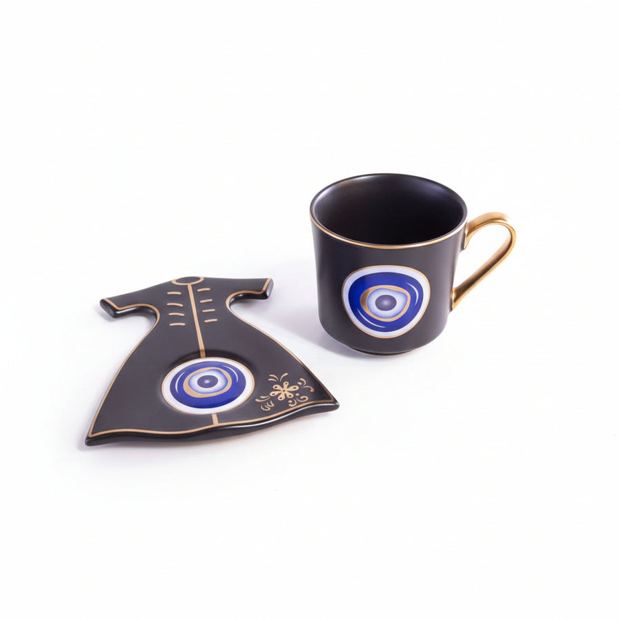 Evil Eye Ceramic Tea Cup with Dress Shape Serving Plate Set | Glossy Premium Coffee Mug Gift Set | Decorative Cup & Saucer | Set of 1