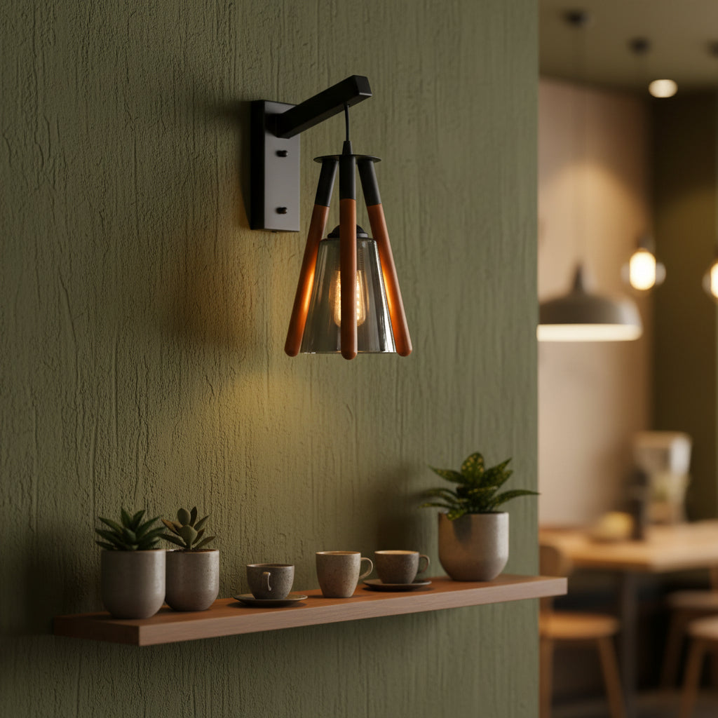 Modern Wooden Rod Smoked Glass Wall Light | Black Metal Wall Sconce | Warm Ambient Decorative Lamp