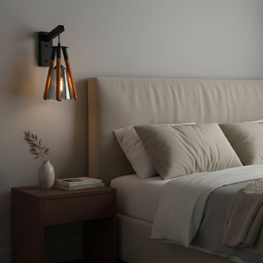 Modern Wooden Rod Smoked Glass Wall Light | Black Metal Wall Sconce | Warm Ambient Decorative Lamp