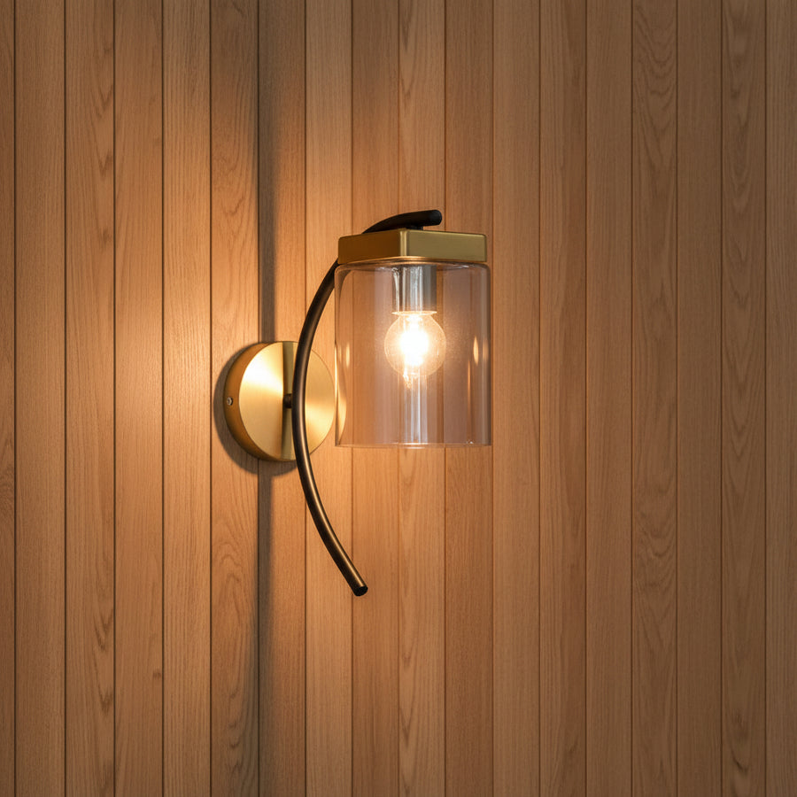 Modern Smoke Glass Wall Light with Gold & Black Metal Finish | E27 Bulb Included