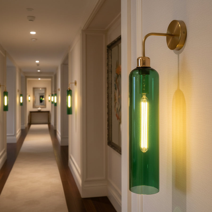 Modern Brass Wall Light with Emerald Green Glass | T30 Tube Bulb | H56 × W10 × D21 cm