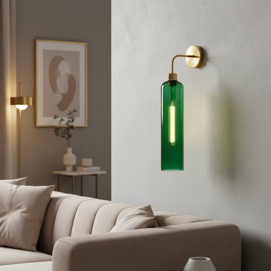 Modern Brass Wall Light with Emerald Green Glass | T30 Tube Bulb | H56 × W10 × D21 cm