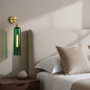 Modern Brass Wall Light with Emerald Green Glass | T30 Tube Bulb | H56 × W10 × D21 cm