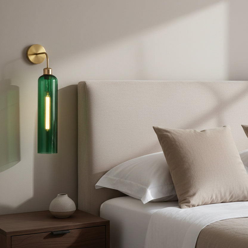 Modern Brass Wall Light with Emerald Green Glass | T30 Tube Bulb | H56 × W10 × D21 cm