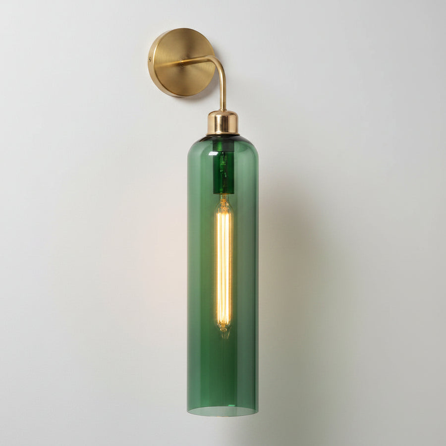 Modern Brass Wall Light with Emerald Green Glass | T30 Tube Bulb | H56 × W10 × D21 cm