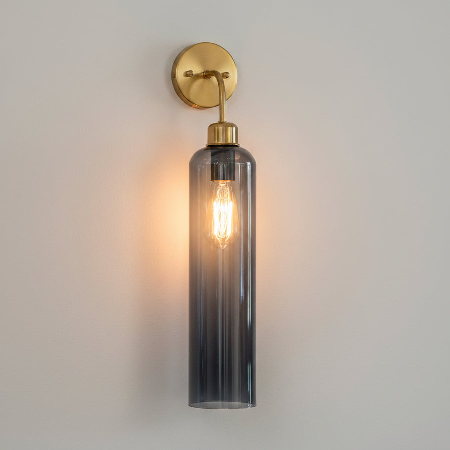 Modern Brass Wall Light with Smoke Blue Glass | T30 Tube Bulb | H56 × W10 × D21 cm