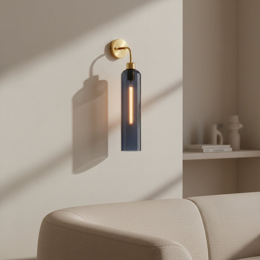 Modern Brass Wall Light with Smoke Blue Glass | T30 Tube Bulb | H56 × W10 × D21 cm