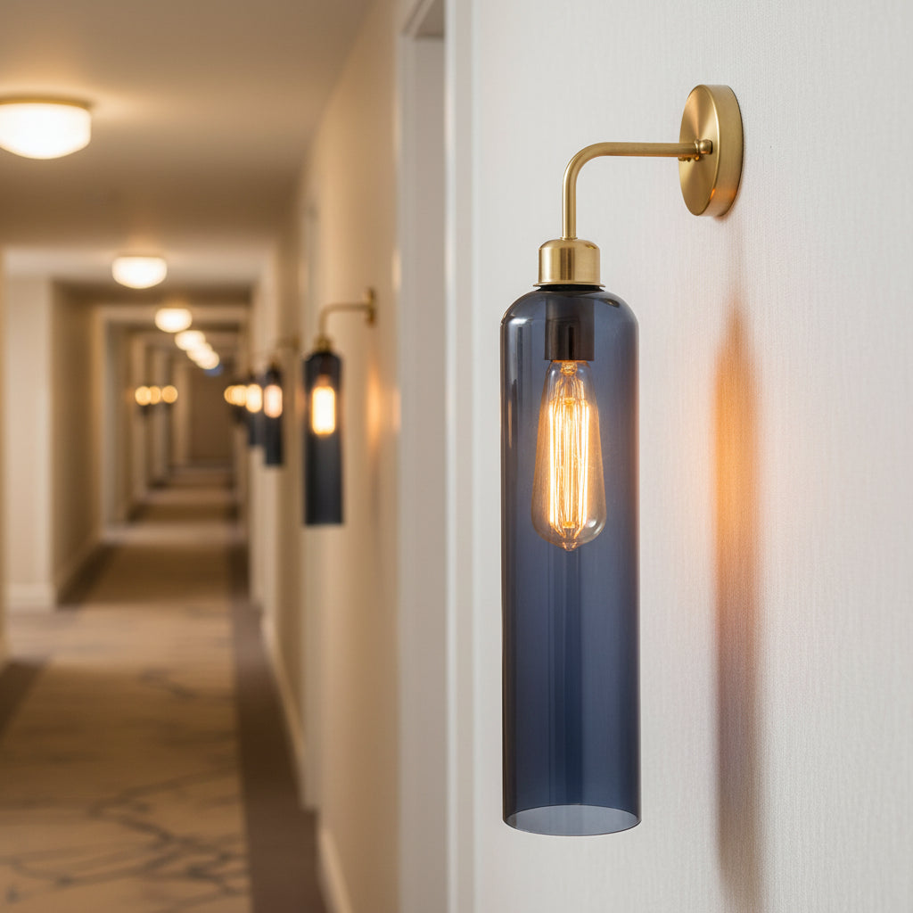Modern Brass Wall Light with Smoke Blue Glass | T30 Tube Bulb | H56 × W10 × D21 cm