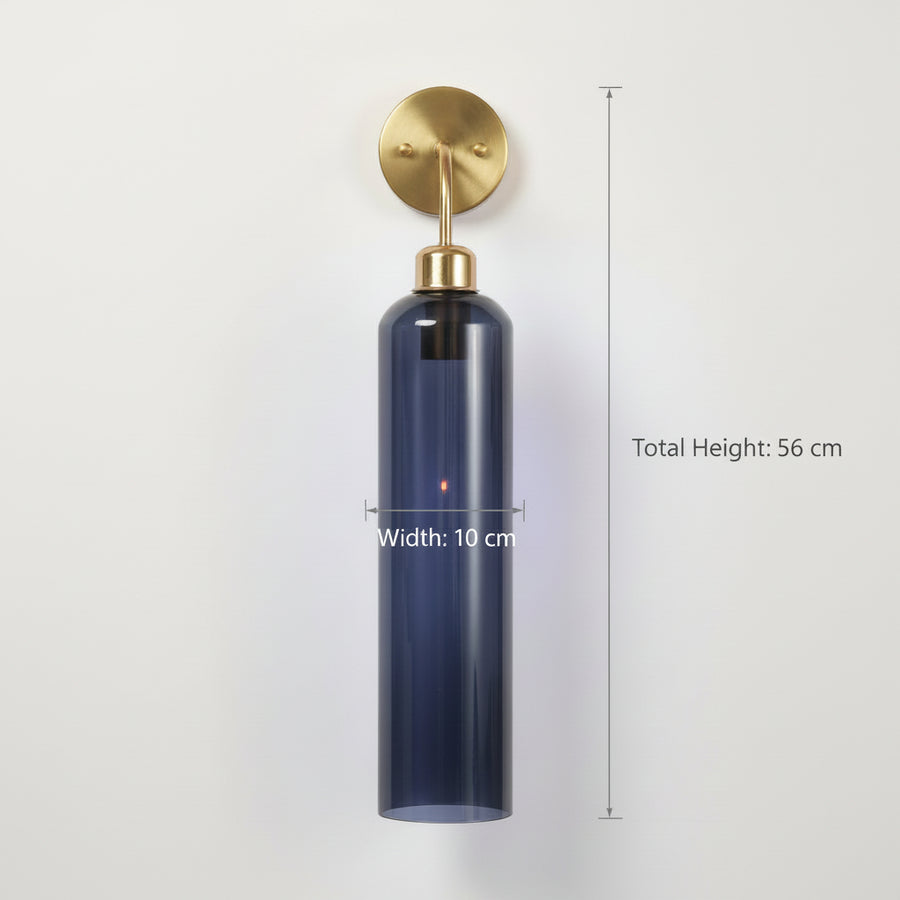 Modern Brass Wall Light with Smoke Blue Glass | T30 Tube Bulb | H56 × W10 × D21 cm