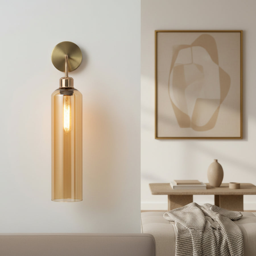 Modern Brass Wall Light with Amber Glass | T30 Tube Bulb | H56 × W10 × D21 cm
