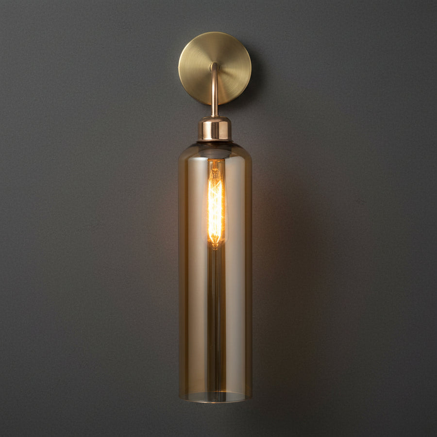 Modern Brass Wall Light with Amber Glass | T30 Tube Bulb | H56 × W10 × D21 cm