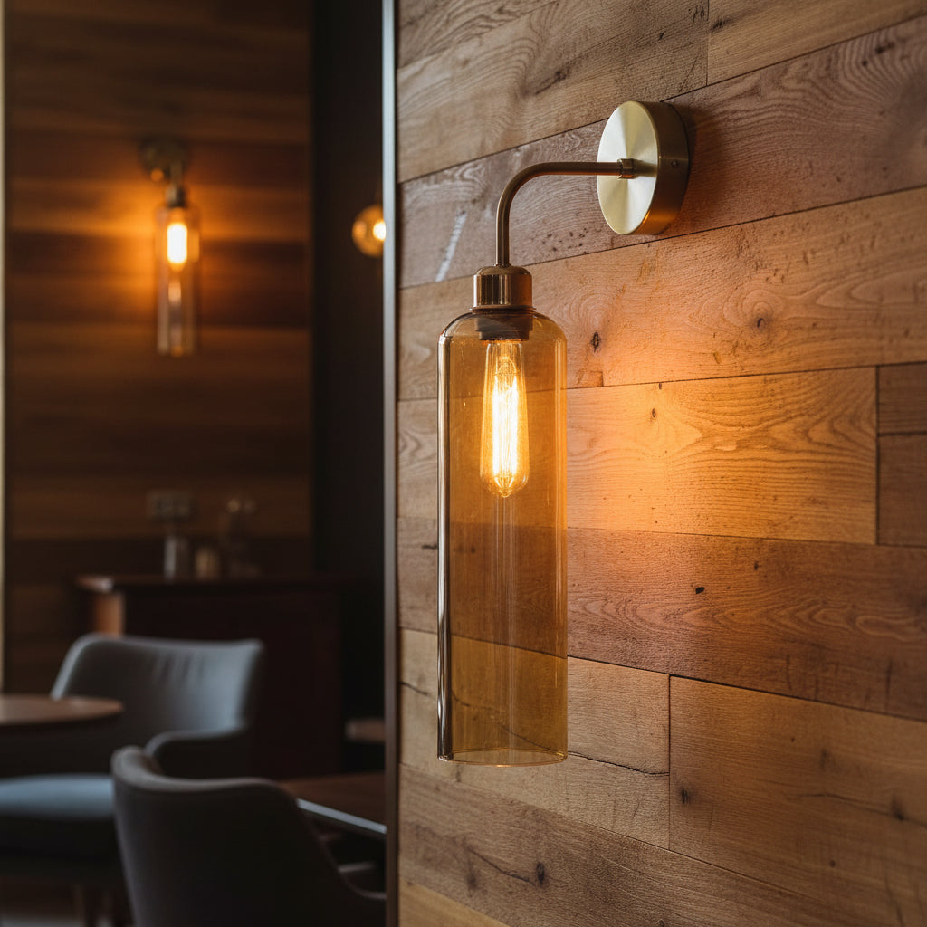 Modern Brass Wall Light with Amber Glass | T30 Tube Bulb | H56 × W10 × D21 cm