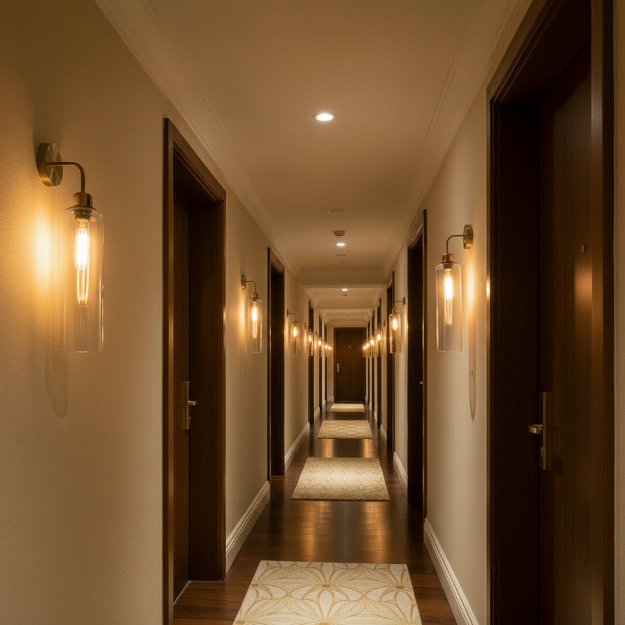 Modern Brass Wall Light with Amber Glass | T30 Tube Bulb | H56 × W10 × D21 cm
