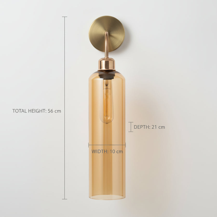 Modern Brass Wall Light with Amber Glass | T30 Tube Bulb | H56 × W10 × D21 cm