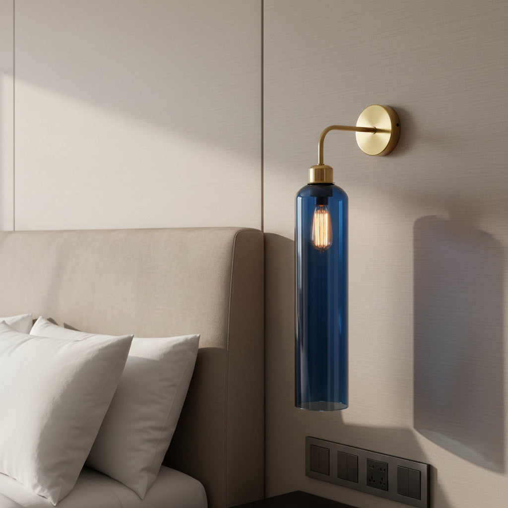 Modern Brass Wall Light with Blue Glass | T30 Tube Bulb | H56 × W10 × D21 cm