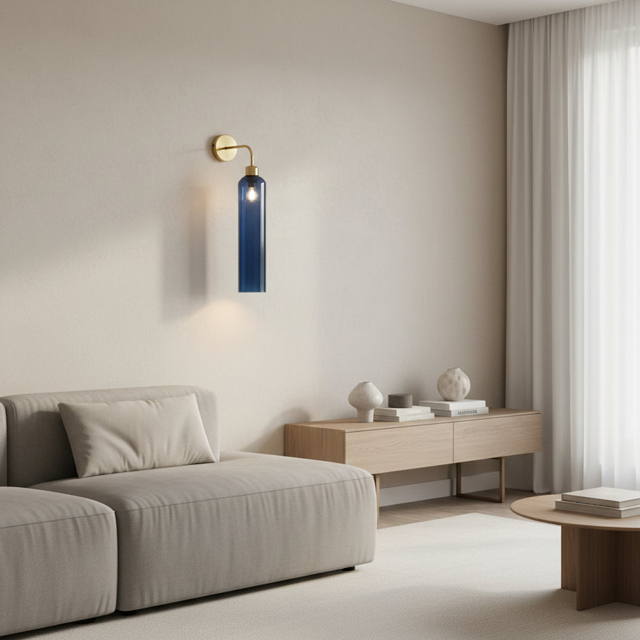 Modern Brass Wall Light with Blue Glass | T30 Tube Bulb | H56 × W10 × D21 cm