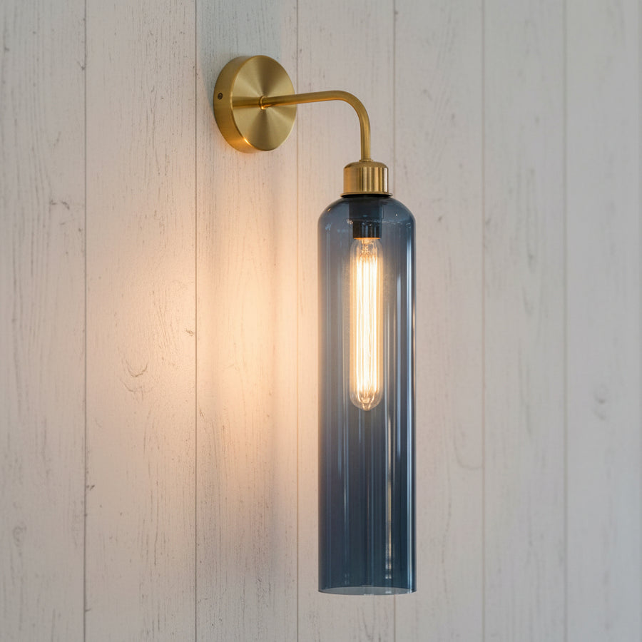 Modern Brass Wall Light with Blue Glass | T30 Tube Bulb | H56 × W10 × D21 cm