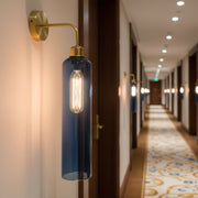 Modern Brass Wall Light with Blue Glass | T30 Tube Bulb | H56 × W10 × D21 cm