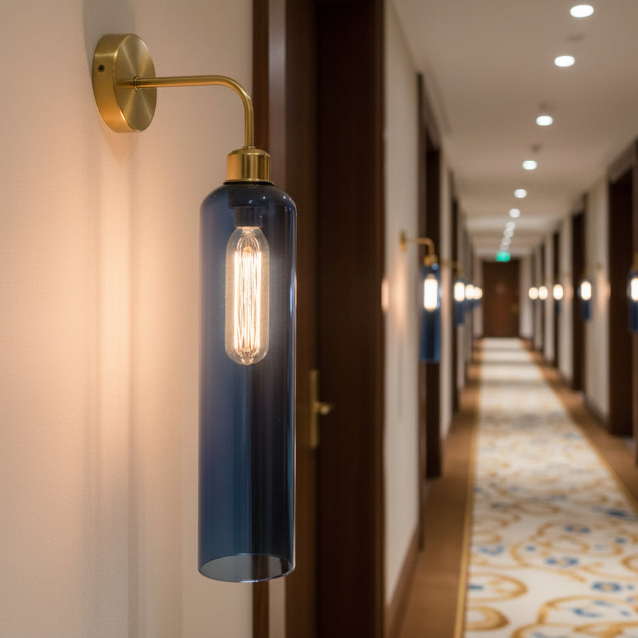 Modern Brass Wall Light with Blue Glass | T30 Tube Bulb | H56 × W10 × D21 cm