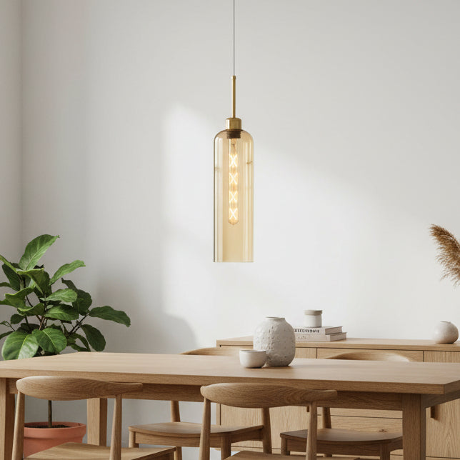Modern Glass Pendant Light with Gold Finish & T30 Bulb | Adjustable Hanging Ceiling Lamp (41 cm Shade)