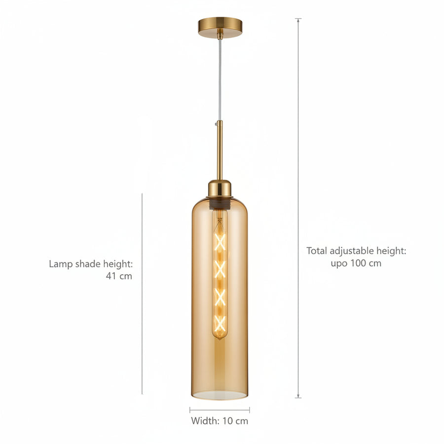 Modern Glass Pendant Light with Gold Finish & T30 Bulb | Adjustable Hanging Ceiling Lamp (41 cm Shade)