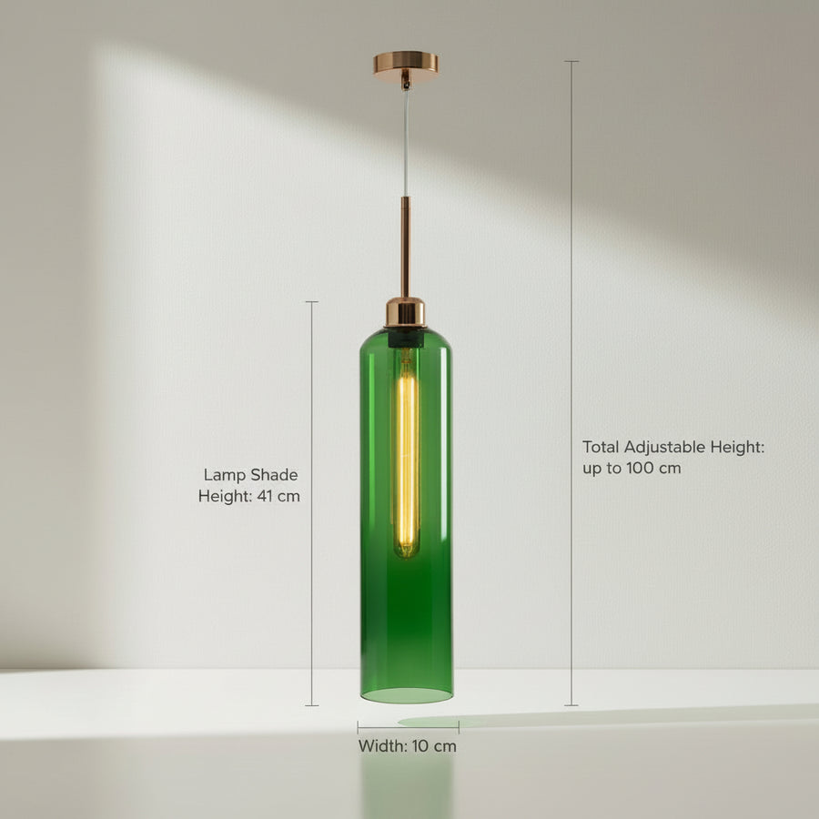 Modern Green Glass Pendant Light with Gold Finish & T30 Bulb | Adjustable Hanging Ceiling Lamp (41 cm Shade)