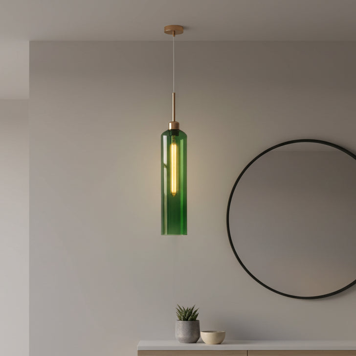 Modern Green Glass Pendant Light with Gold Finish & T30 Bulb | Adjustable Hanging Ceiling Lamp (41 cm Shade)