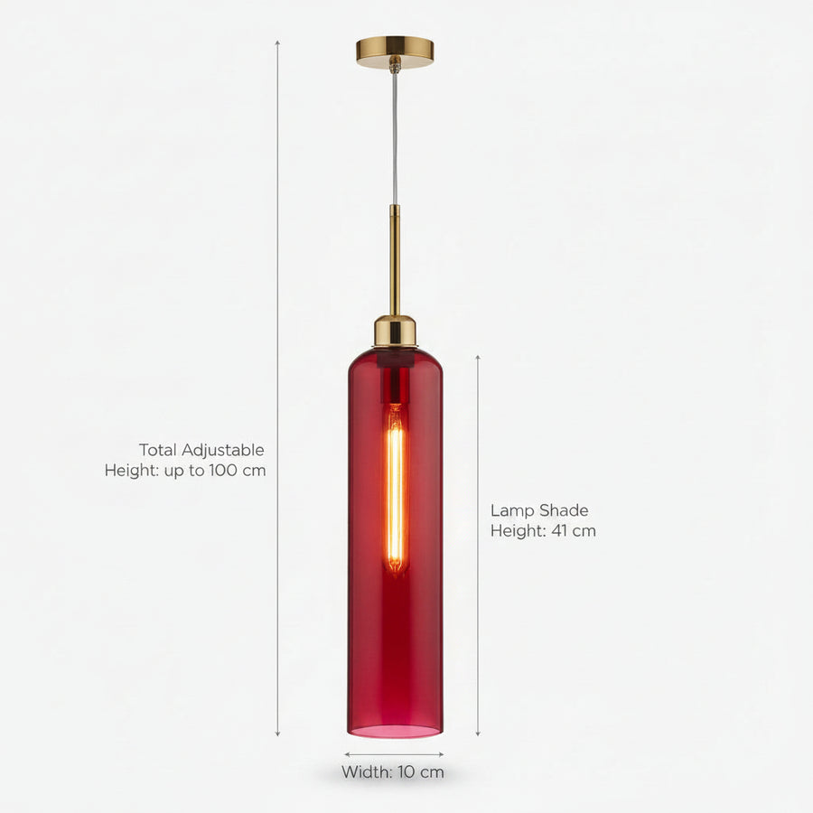 Modern Red Glass Pendant Light with Gold Finish & T30 Bulb | Adjustable Hanging Ceiling Lamp (41 cm Shade)