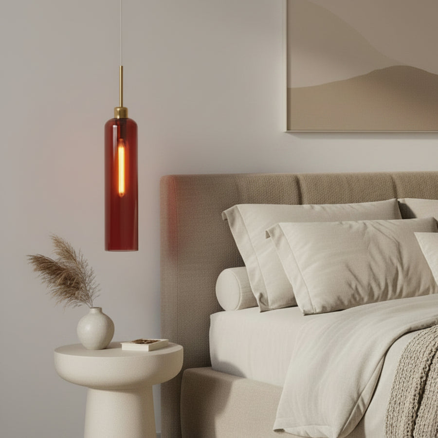 Modern Red Glass Pendant Light with Gold Finish & T30 Bulb | Adjustable Hanging Ceiling Lamp (41 cm Shade)