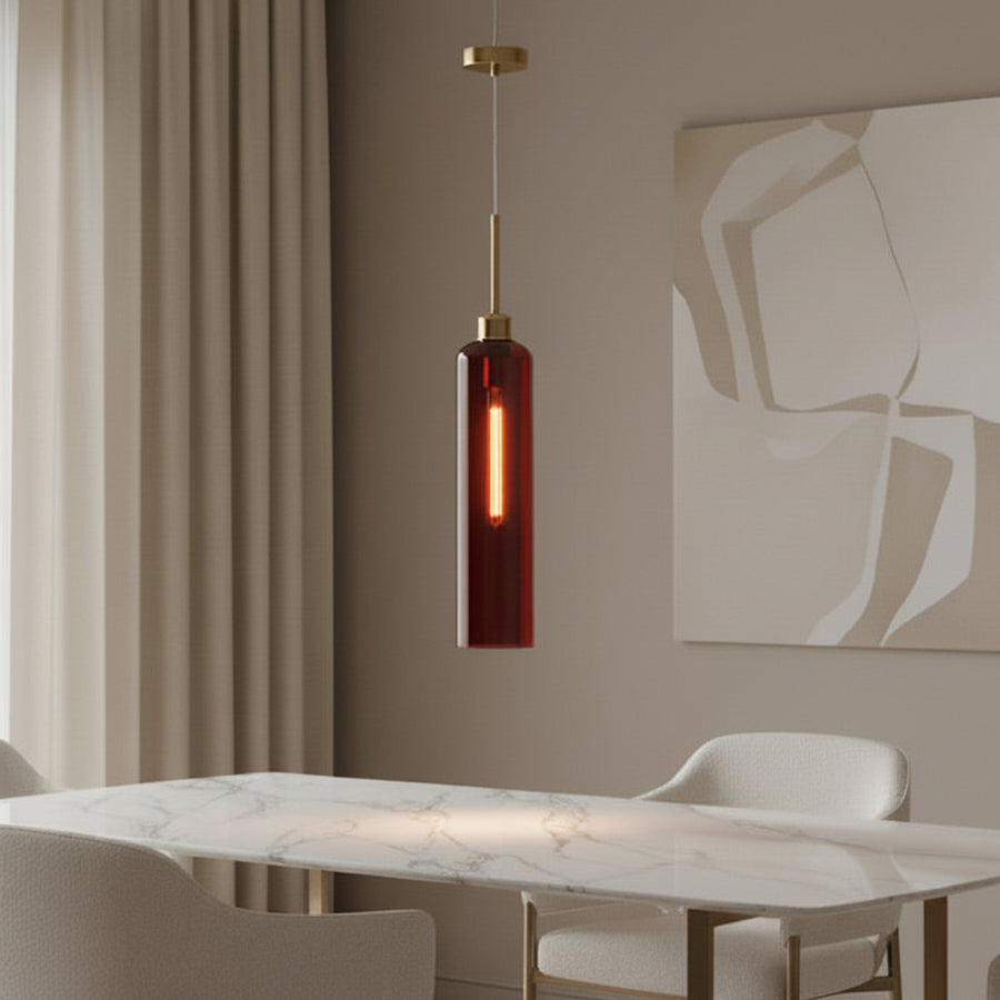 Modern Red Glass Pendant Light with Gold Finish & T30 Bulb | Adjustable Hanging Ceiling Lamp (41 cm Shade)