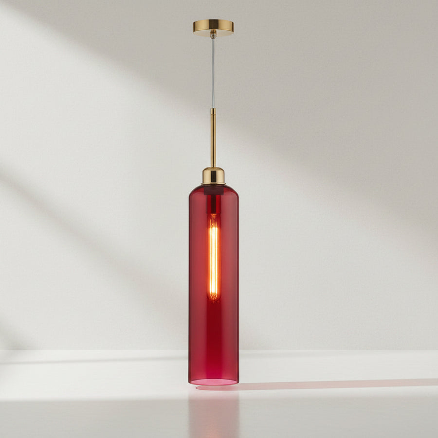 Modern Red Glass Pendant Light with Gold Finish & T30 Bulb | Adjustable Hanging Ceiling Lamp (41 cm Shade)